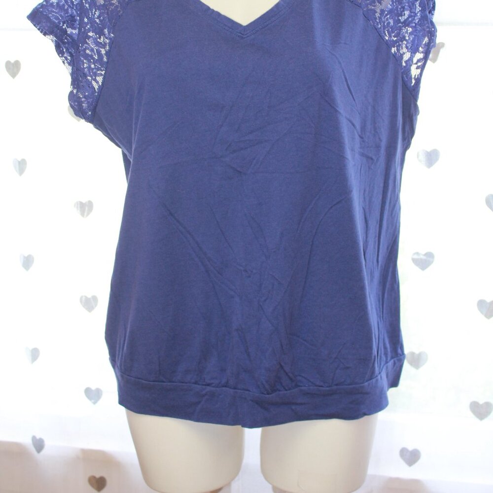 #349 Lane Bryant Blue Short-Sleeve Dressy Shirt with Lace Sleeves Size 14/16 - Picture 2 of 9